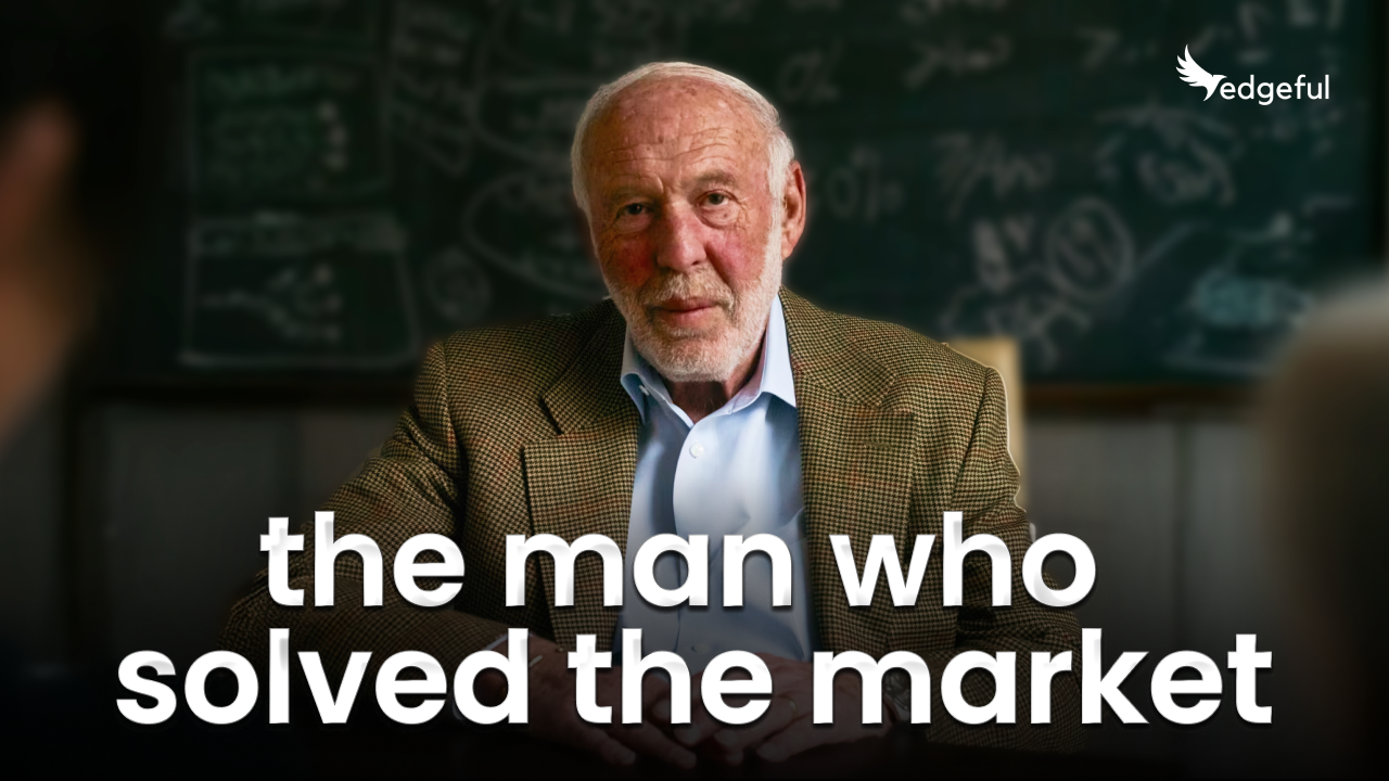 im Simons portrait with text 'the man who solved the market' - founder of Renaissance Technologies and creator of the most successful systematic trading strategy in hedge fund history