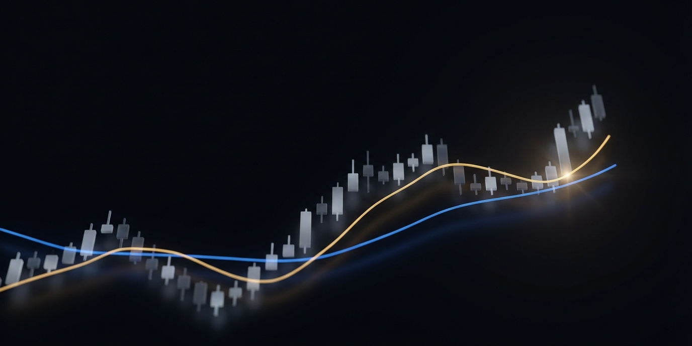 golden cross visual with two moving averages (blue and gold) with a highlight on the gold showing the golden cross. 