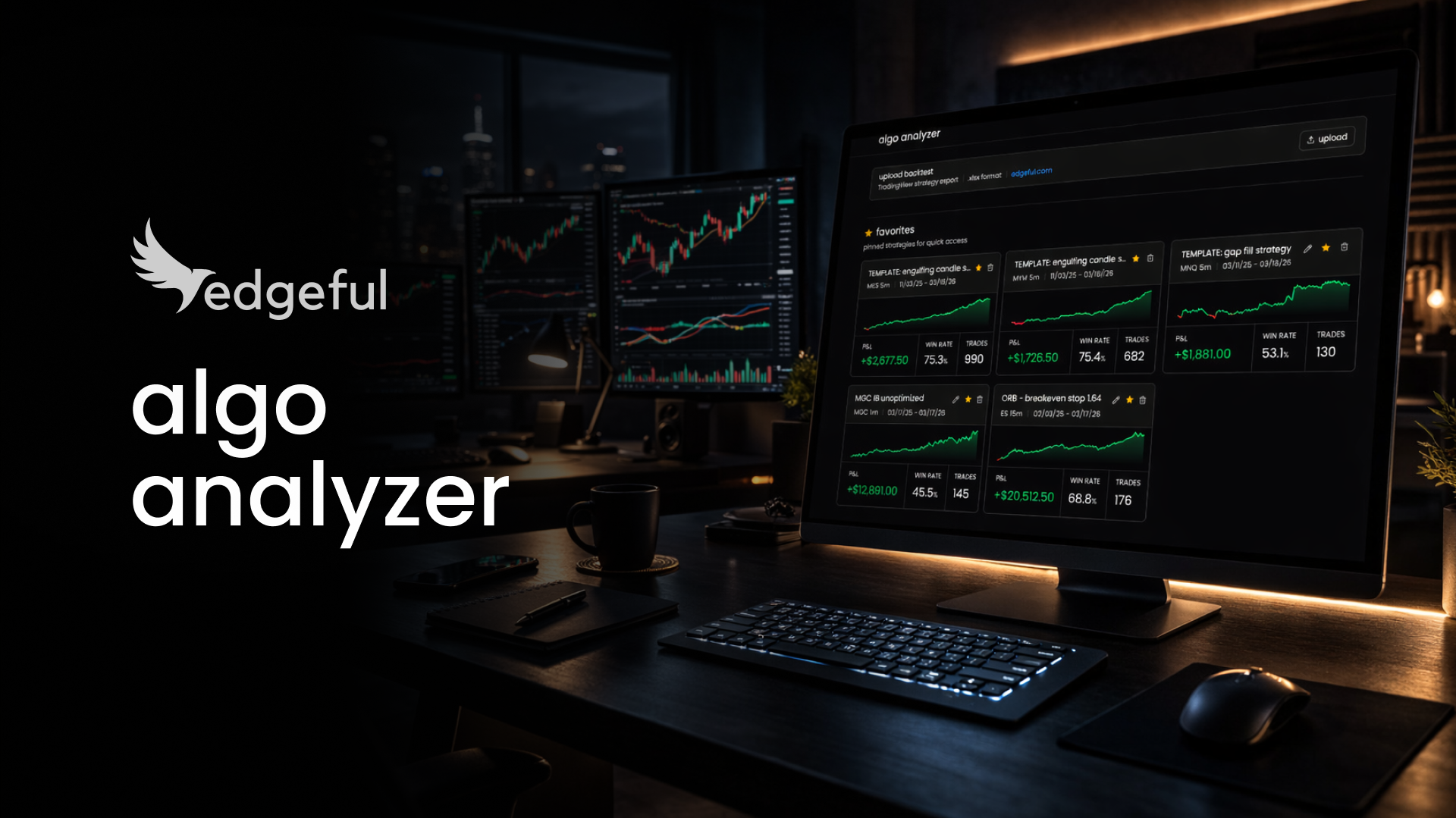 edgeful algo trading optimization dashboard showing strategy analysis, Monte Carlo simulation, and prop firm validation results