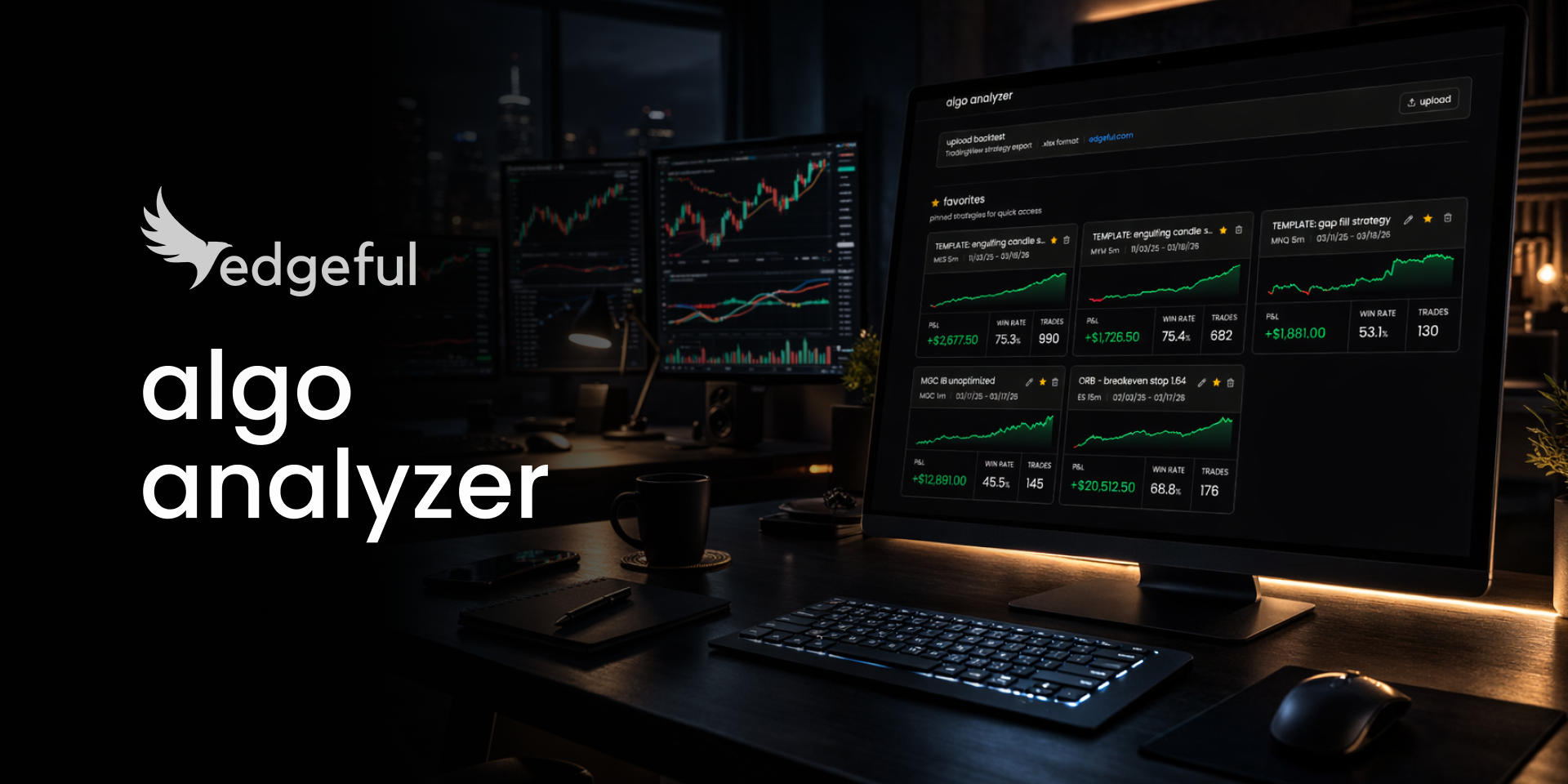 edgeful algo trading optimization dashboard showing strategy analysis, Monte Carlo simulation, and prop firm validation results