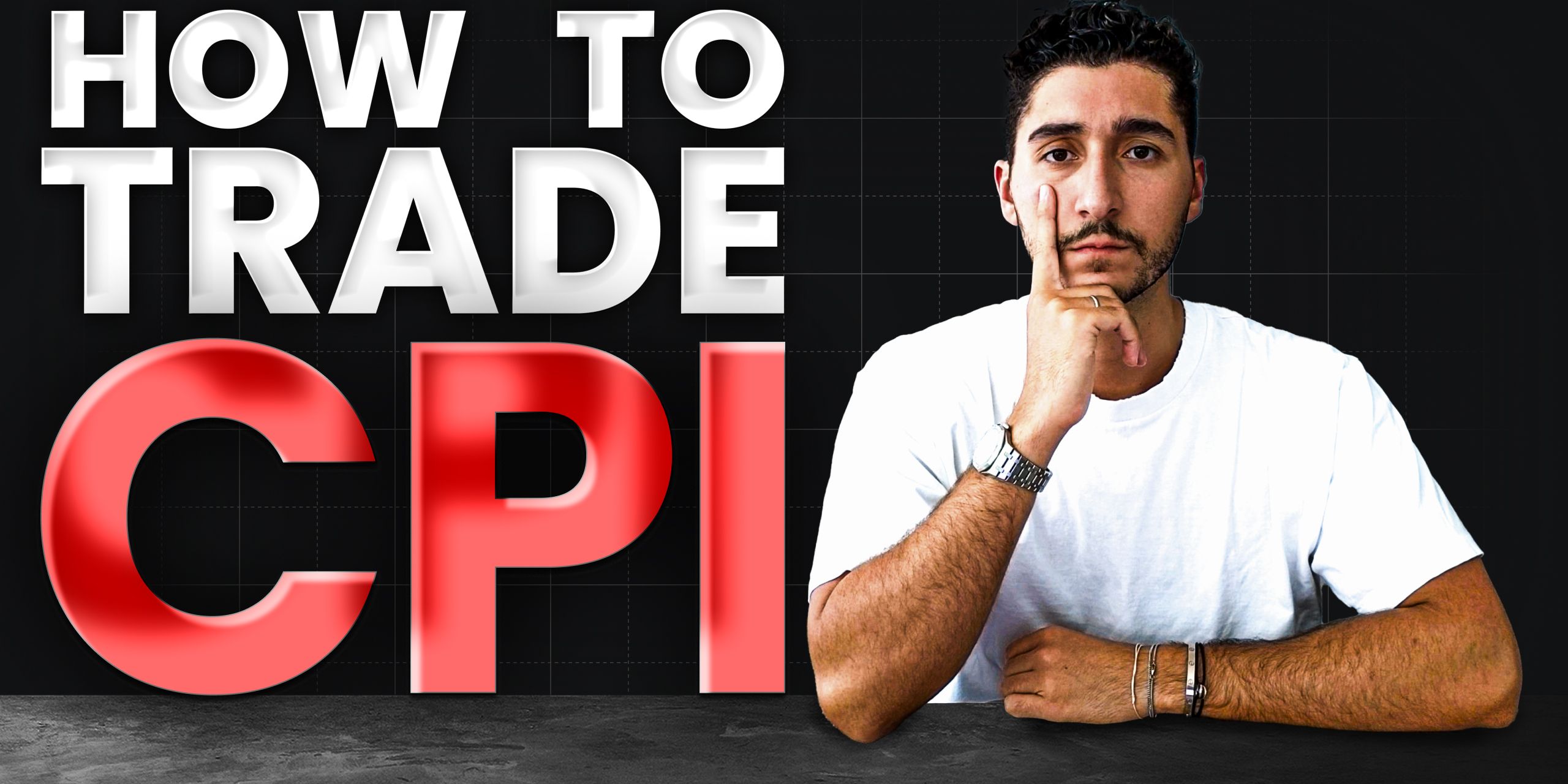 CPI trading strategy thumbnail with André sitting at a desk with money lit on fire in the background, and the words "How to Trade CPI"