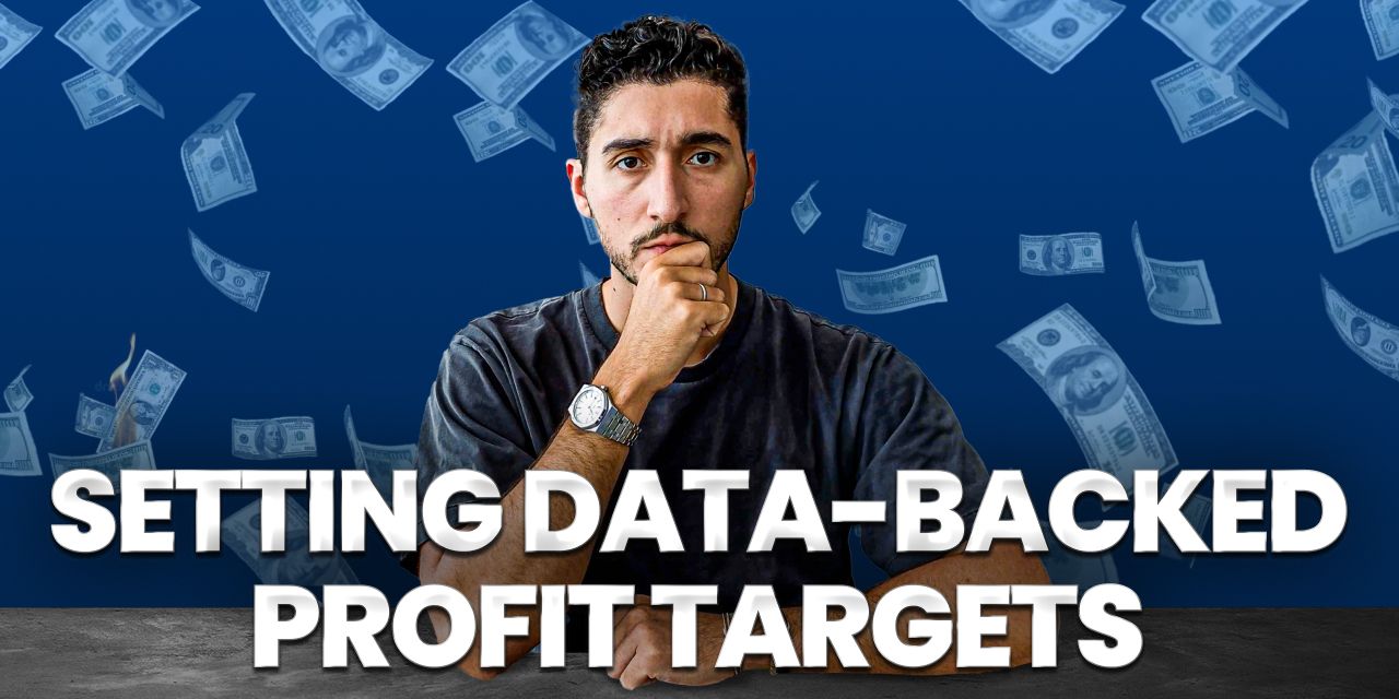 setting data-backed profit targets thumbnail with André with a puzzled face, as well as money in the background. 