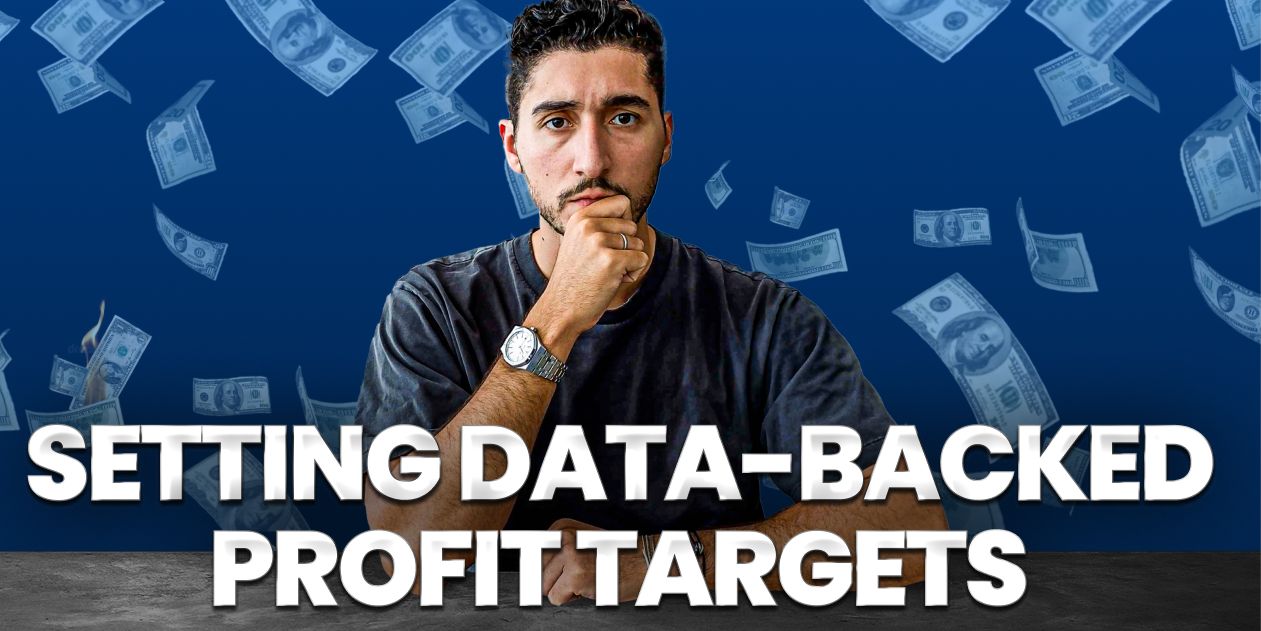 setting data-backed profit targets thumbnail with André with a puzzled face, as well as money in the background.