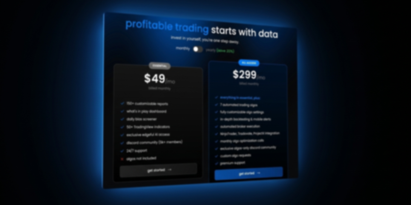 edgeful pricing plans - essential and all access - right next to eachother showing price, what's included, and annual vs monthly billing differences.