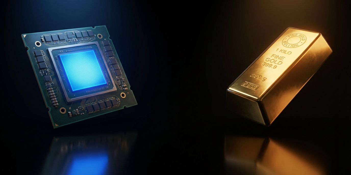 growth vs value stocks comparison showing a glowing blue GPU processor chip representing tech growth stocks alongside a gold bullion bar representing traditional value stocks