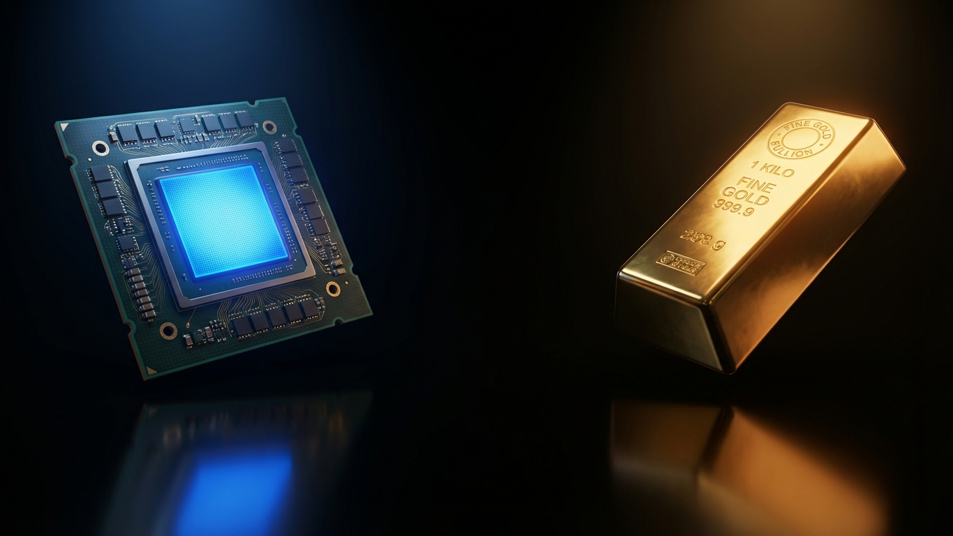 growth vs value stocks comparison showing a glowing blue GPU processor chip representing tech growth stocks alongside a gold bullion bar representing traditional value stocks