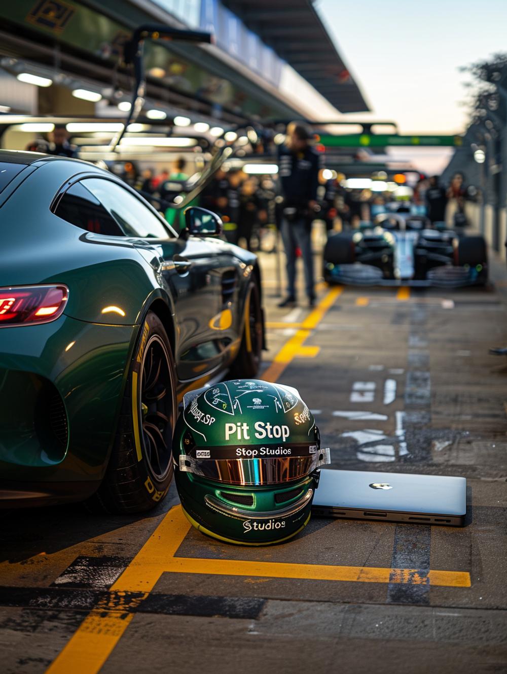 a minimalistic green F1 driver helmet with text "Pit Stop Studios" placed next to a Macbook sitting next to an F1 car in a pit stop, midday broad daylight, sports photography, Leica Q4
