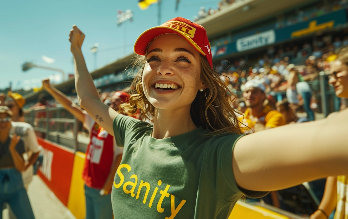 a 28-year old female fan in the crowd, wearing a green t-shirt, wearing a red cap with the text "Sanity", cheering happily in the crowd, surrounded by the crowds in an F1 stadium bleachers, midday blu skies, full-body shot, IMAX 4k,Sony α7 III