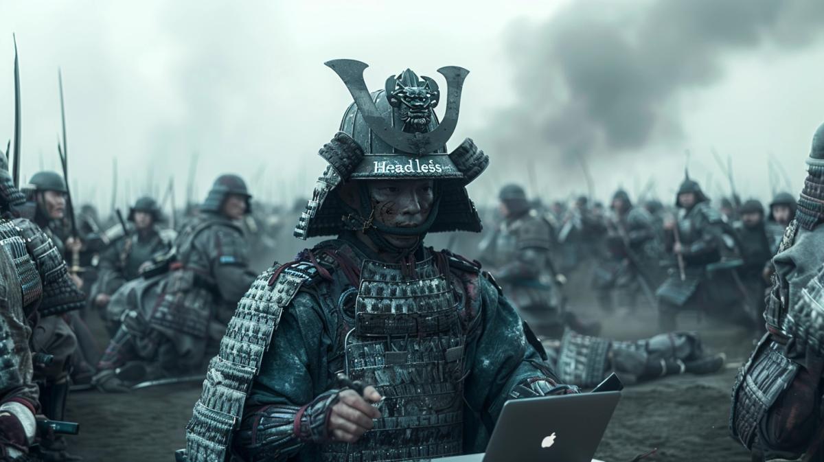 a Japanese medieval warrior, wearing a kabuto helmet with the text decoration "Headless" across his headdress and wearing samurai armor, holding a Macbook laptop, in the middle of battlefield with hundreds of other soldiers, with slight fog, IMAX 4k, Hasselblad