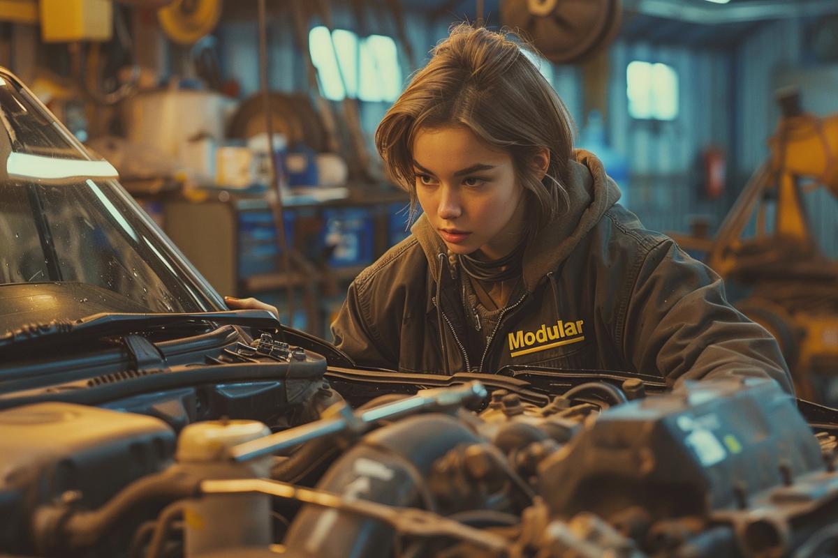 a 30-year old female car mechanic, wearing a jacket with large text "Modular", destroying a car engine using metal tools, sitting in a car mechanic garage, Hasselblad, IMAX 4k