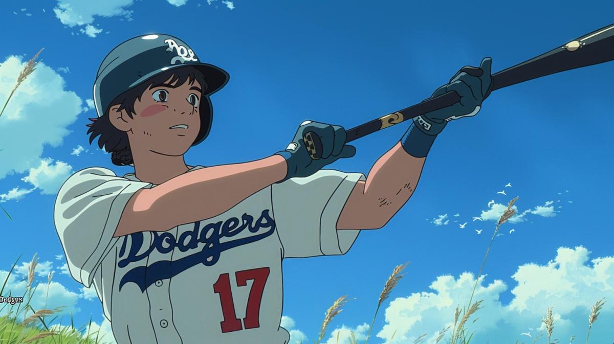 Japanese 30-year old Shohei Ohtani, wearing a white "Dodgers" baseball uniform with the number "17" and a baseball helmet, swinging a black baseball bat in a field of grass and blue skies with clouds, light breeze of wind, posing with a baseball bat, film still from the Mononoke Ghibli movie, by Hayao Miyazaki --ar 21:9