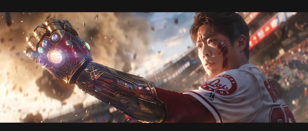 battle scene of asian 27-year old male Shohei Ohtani, levitating a baseball with psychic powers, wearing a white Angels baseball uniform, wearing the Thanos Gauntlet hand glove with the glowing stones, scene from Marvel movie Avengers --ar 21:9
