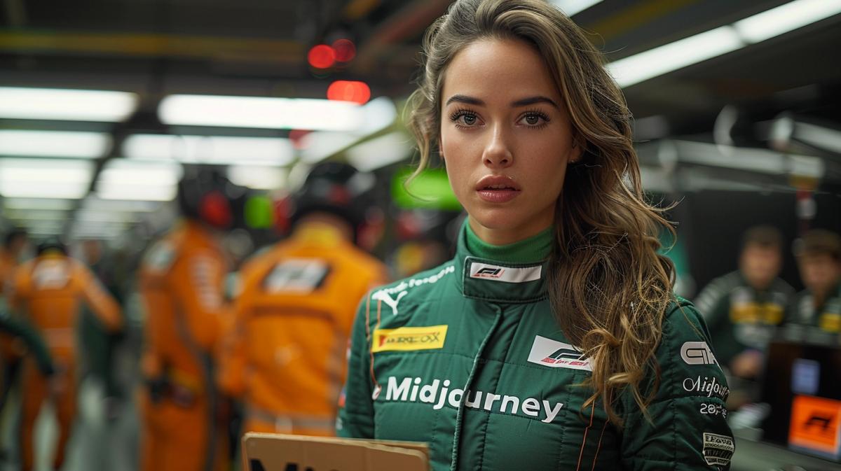 a 28-year old European female model, wearing a simple green F1 racer jumpsuit with the text "Midjourney", inside a pit stop, pit crew members in the distant background, IMAX 4k,film still