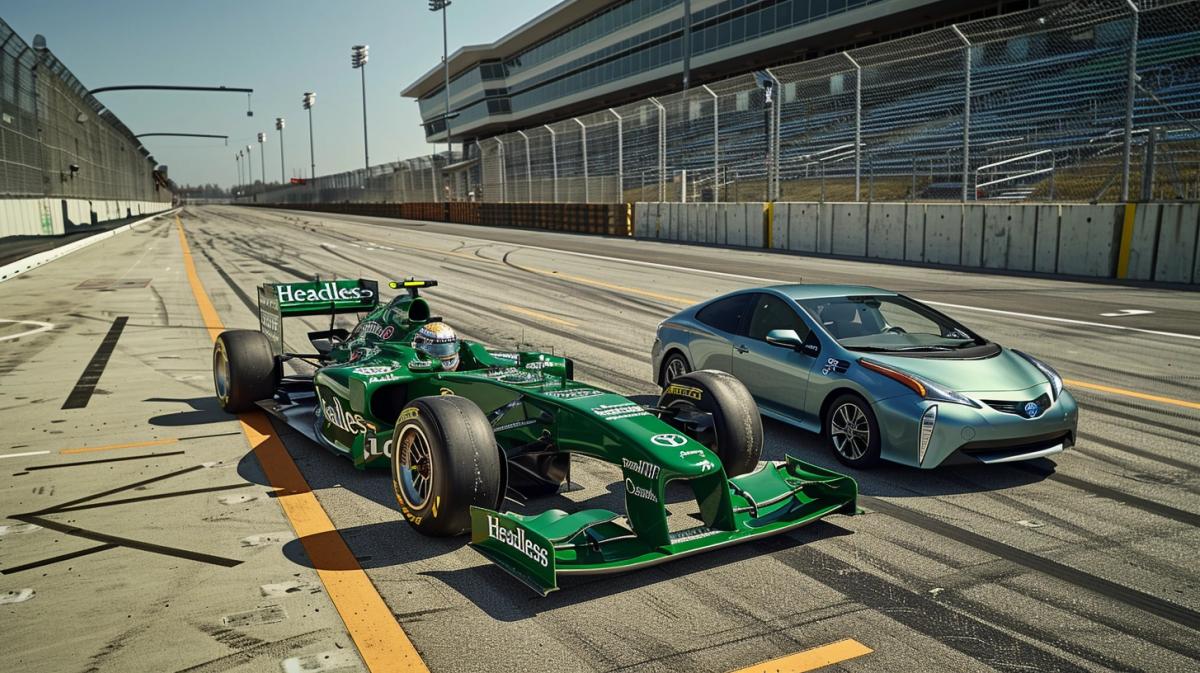 a green F1 racecar with the text "Headless", angled posed next to a boring 2014 lightblue Toyota Prius, at the startline of an F1 racetrack, IMAX 4k,film still,low-angle photography