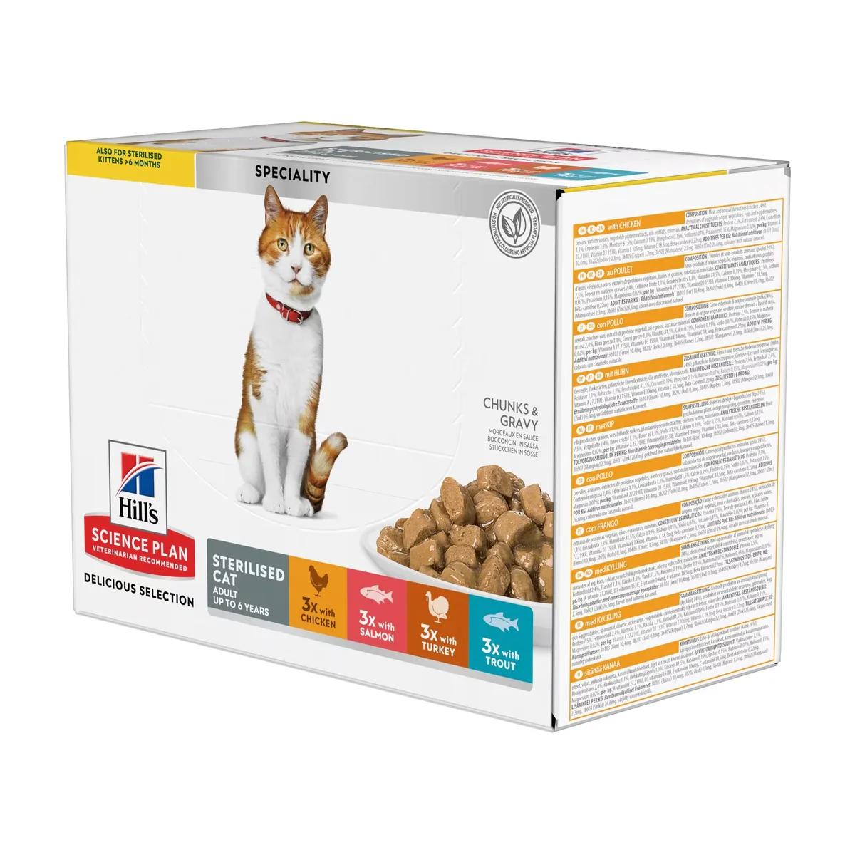 Hill's Science Plan Pâtée en sauce pour chat adulte stérilisé, poulet, truite, dinde, saumon 12x85 g