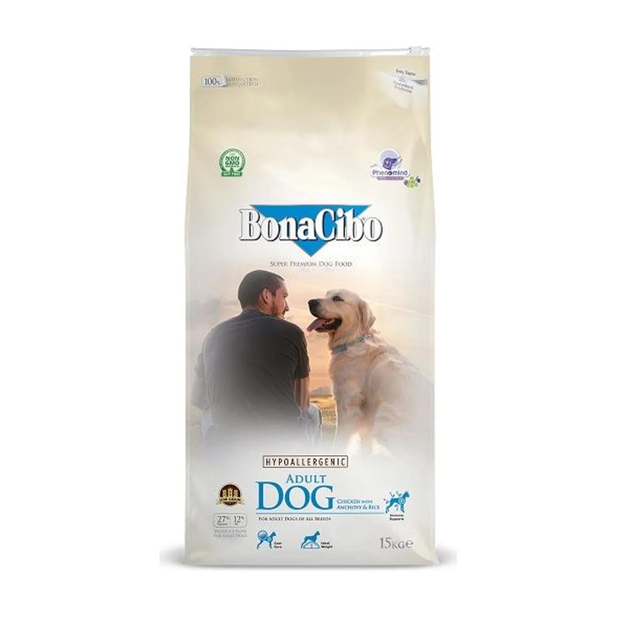 BonaCibo Croquettes Low Grain et Hypoallergeniques pour Chiens adultes (au poulet, anchois & riz) 4 kg