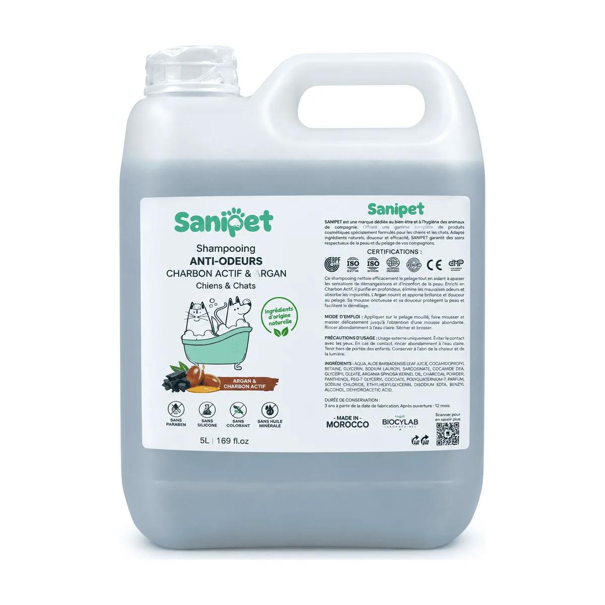Sanipet Shampoing Anti-Odeurs Charbon Actif & Argan pour Chien et Chat 5 L