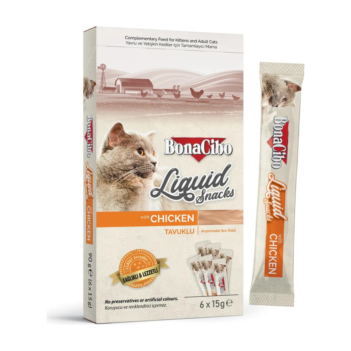 BonaCibo Snack Liquide Premium pour chatons et chats adultes au Poulet 6x15 g