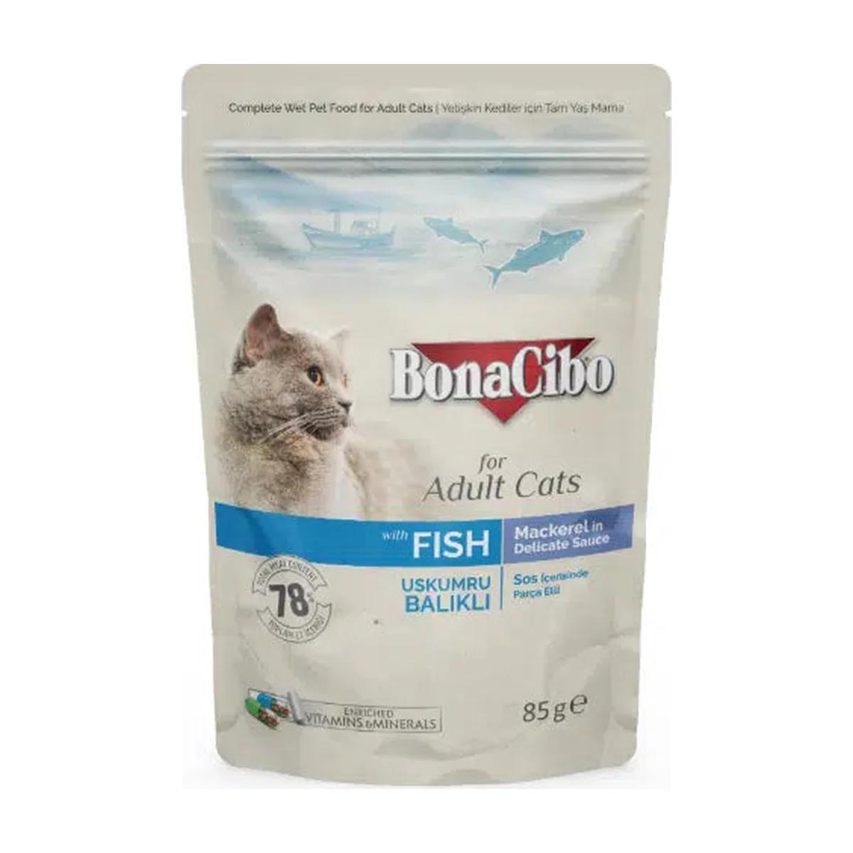 BonaCibo Premium morceaux en sauce au poisson pour chat adulte 85 g