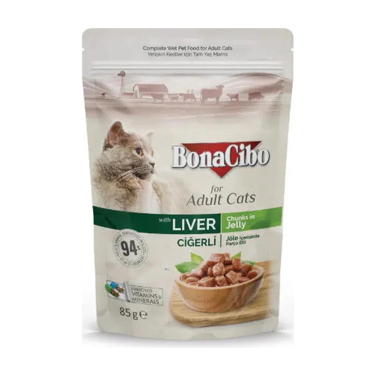 BonaCibo Premium morceaux en gelée au foie pour chat adulte 85 g