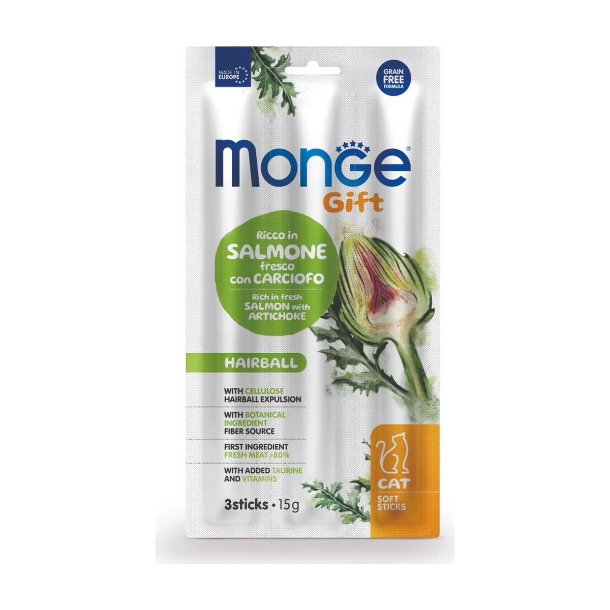 Monge Gift Hairball Adult Chat Rich In Fresh Salmon With Artichoke Soft Sticks 15 g, Monge à Casablanca