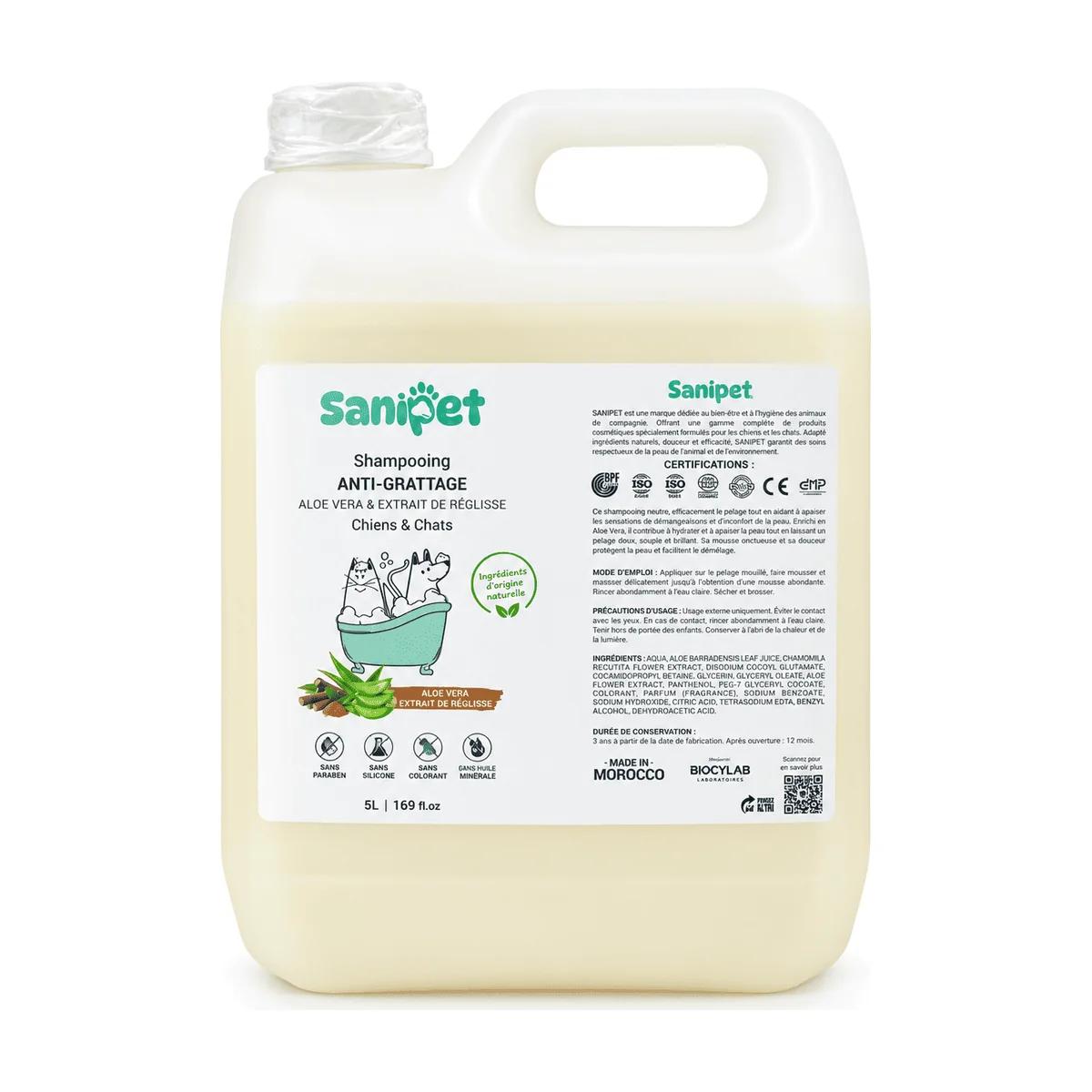 Sanipet Shampoing Anti-Grattage Aloe Vera & Réglisse pour Chien et Chat 5 L
