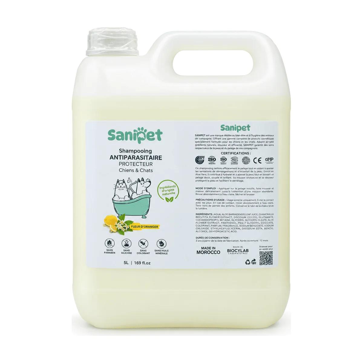 Sanipet Shampoing Antiparasitaire Fleur d'Orange pour Chien et Chat 5 L