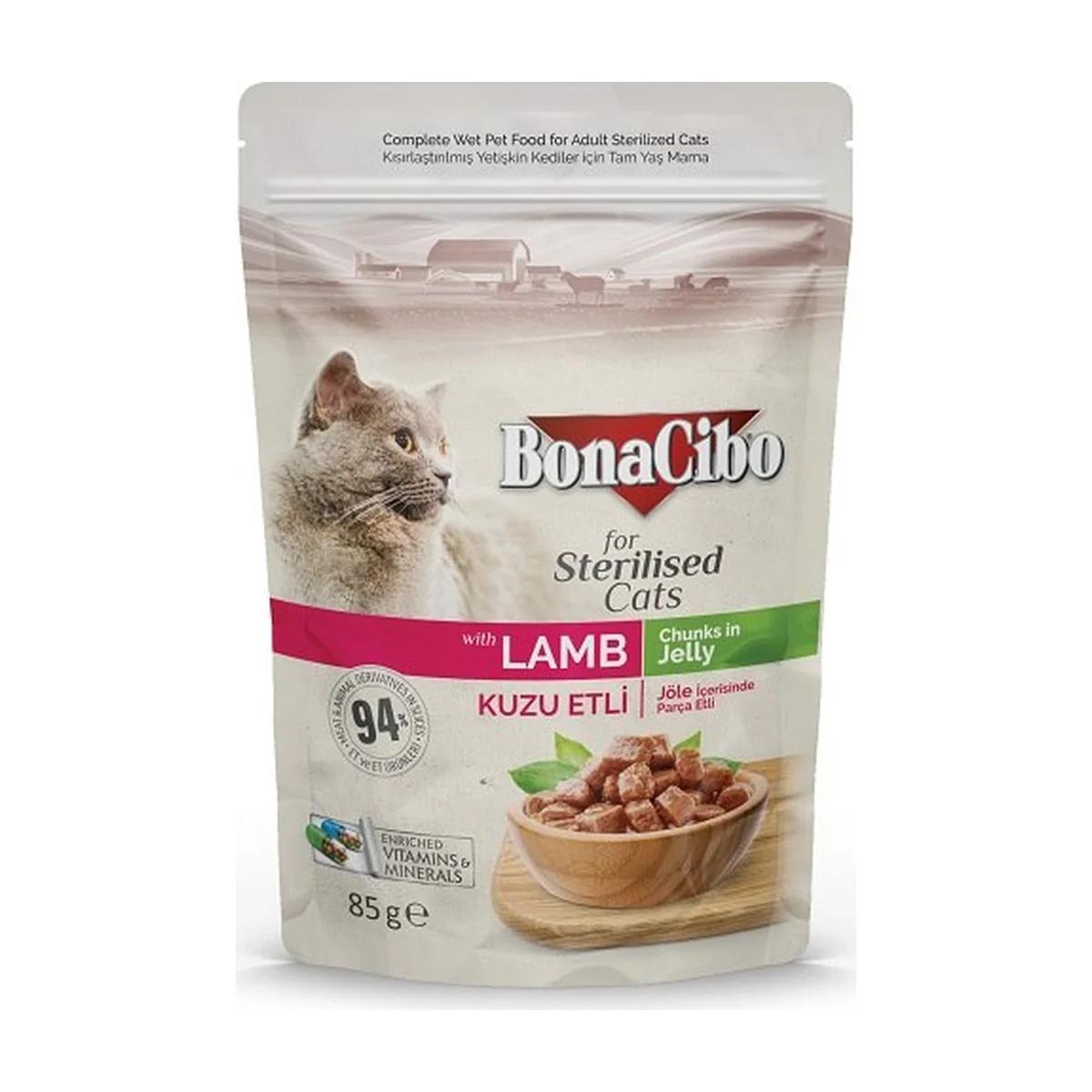 BonaCibo Premium Morceaux en Gelée pour chat sterilisé à l'agneau 85 g