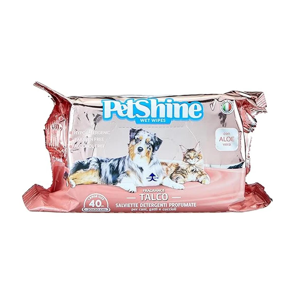 Petshine Lingettes pour chien et chat, talc et aloe vera, 40 pièces