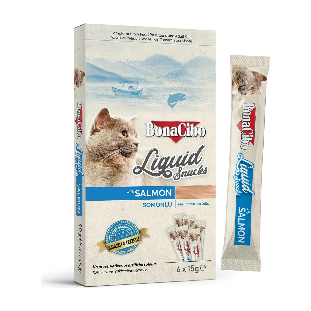 BonaCibo Snack Liquide Premium pour chatons et chats adultes au Saumon 6x15 g