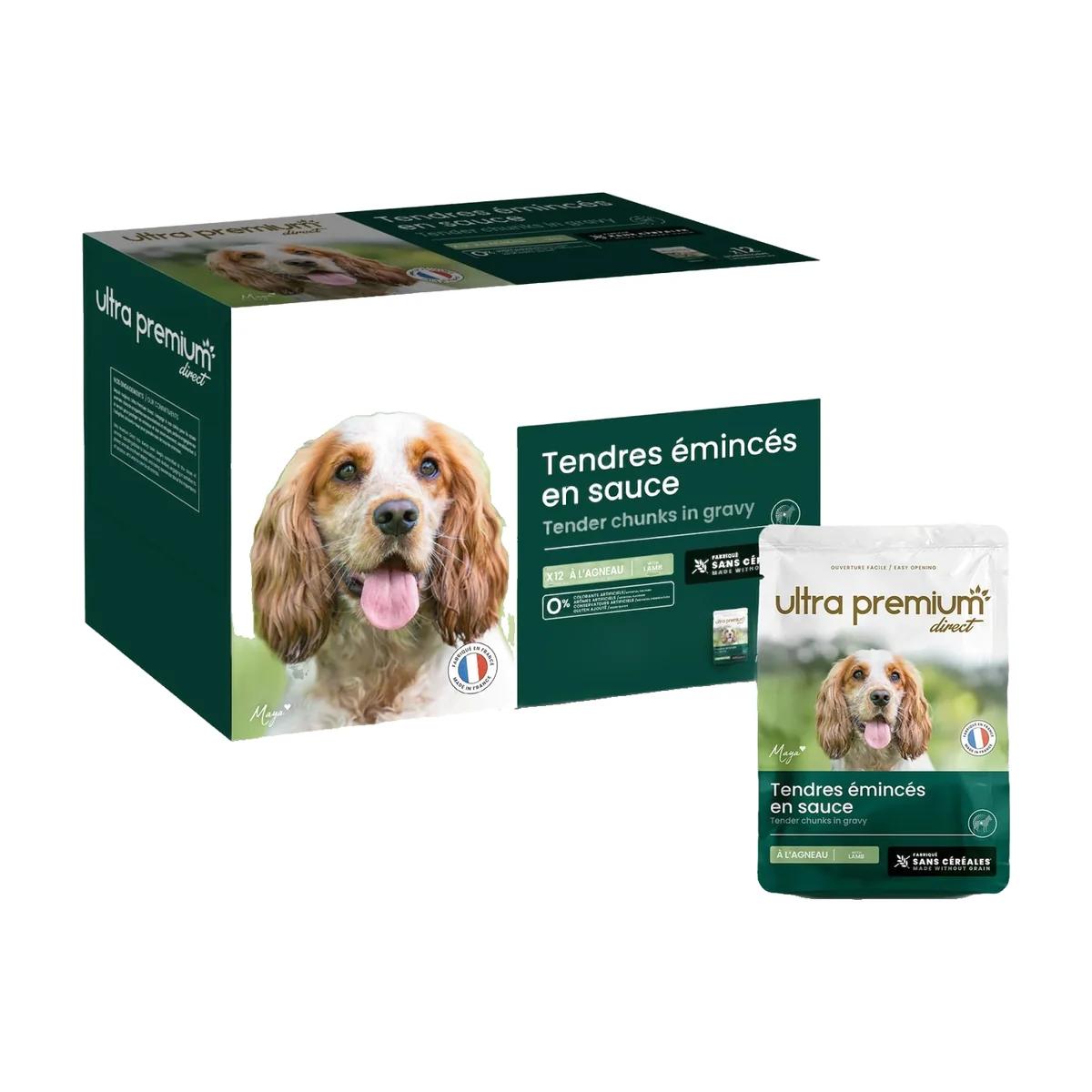 Ultra Premium Direct Émincés en sauce sans céréales pour chien, agneau et haricots verts 100 g