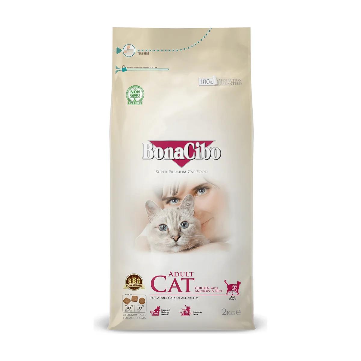 BonaCibo Low Grain croquettes pour chat adulte au poulet, anchois et riz 2 kg