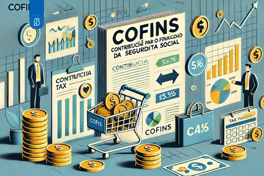 Ilustração com documento da Cofins, carrinho de moedas e gráficos sobre fundo claro