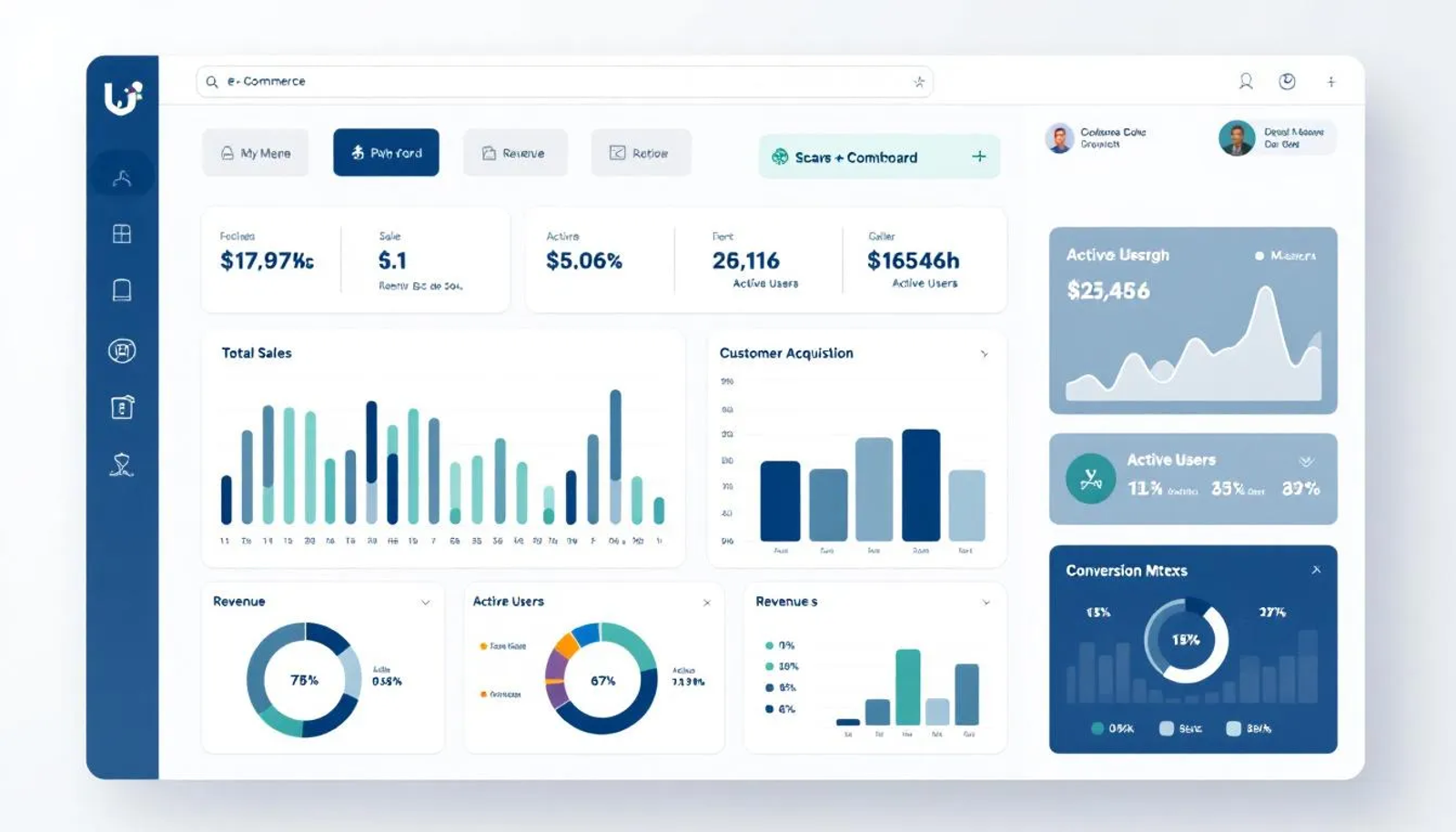 A imagem mostra um dashboard de uma loja virtual, exibindo gráficos coloridos que representam as vendas e métricas de desempenho, com informações sobre o sucesso do e commerce e as ações realizadas para otimizar o negócio online. É um ambiente digital que reflete a performance de produtos e a interação com clientes, essencial para quem deseja criar uma loja virtual.