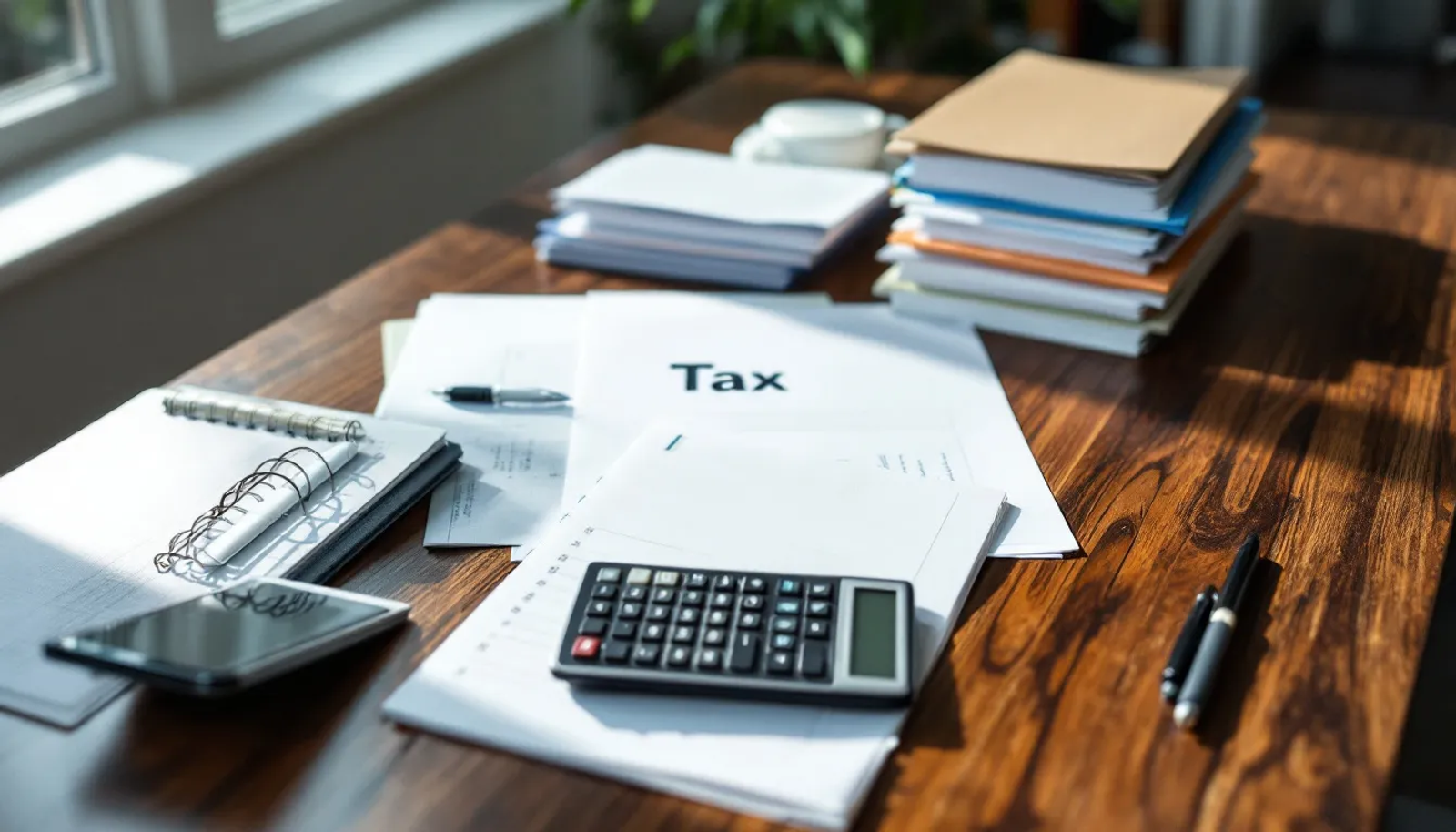 Imagem de documentos fiscais organizados em uma mesa de escritório, com uma calculadora ao lado. Os papéis incluem notas fiscais e informações relacionadas à legislação tributária, como a lei complementar nº 116, refletindo a importância da organização para a correta gestão tributária.