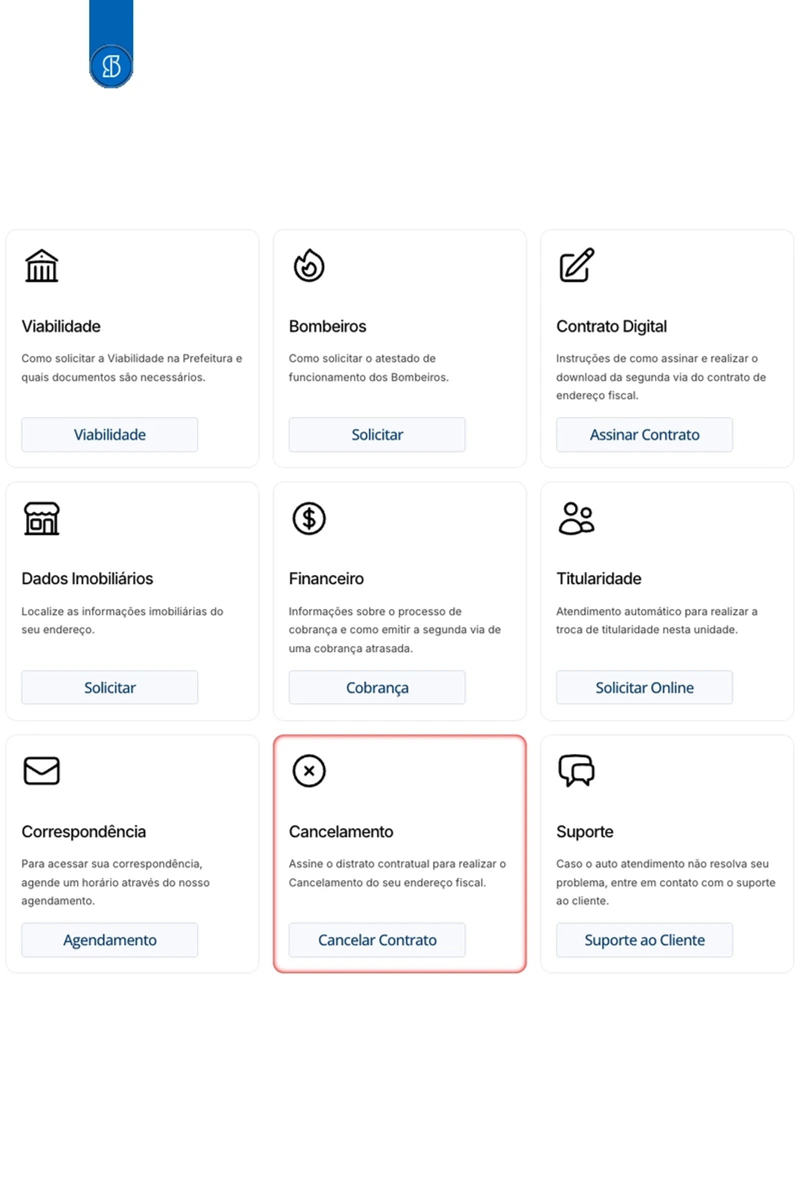 Painel de autoatendimento da Suitebras com o cartão Cancelamento destacado em vermelho