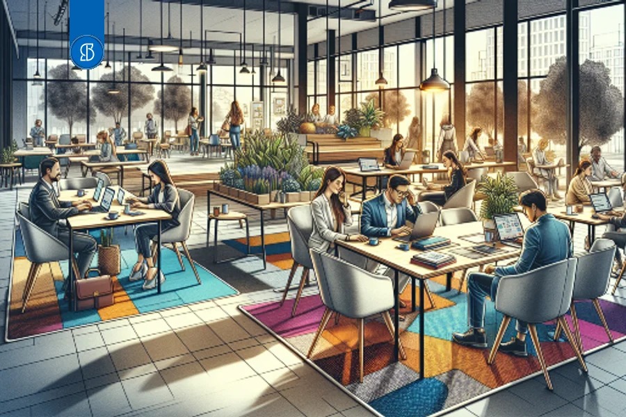 Ilustração de um coworking com pessoas trabalhando em mesas sobre tapetes coloridos, com janelas amplas ao fundo