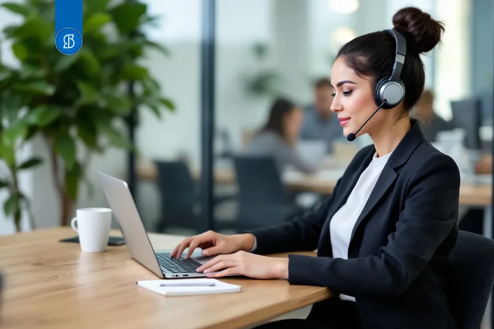 Mulher de blazer preto e fone com microfone trabalhando em notebook à mesa de madeira, em escritório envidraçado