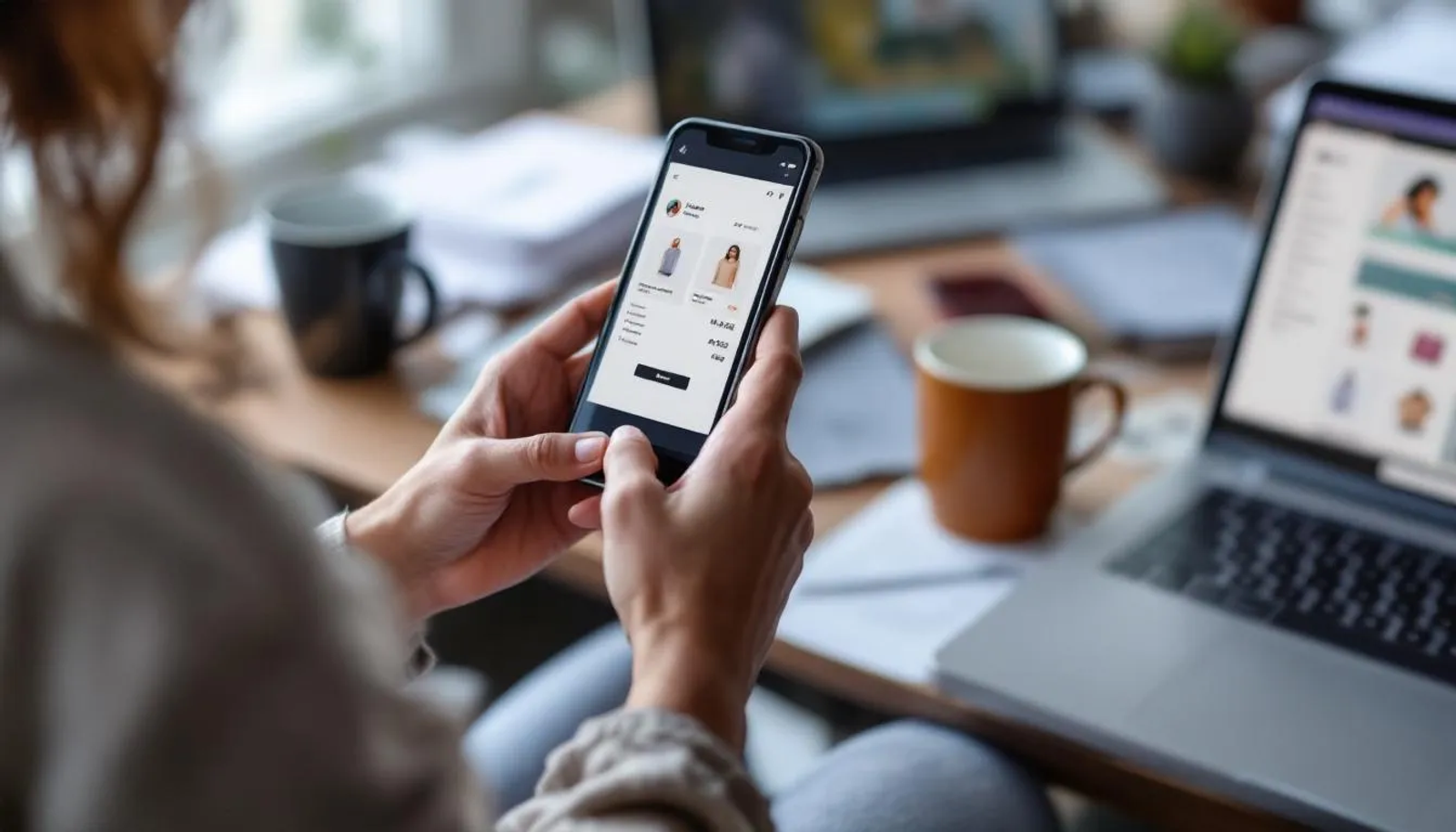 Uma pessoa está usando um smartphone para fazer compras online em uma loja virtual, navegando por produtos e adicionando itens ao carrinho. A imagem retrata a experiência de e commerce, destacando a facilidade de comprar pela internet.