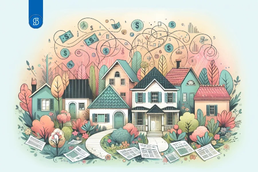 Ilustração em tons pastel de um conjunto de casas entre arbustos, com cifrões flutuando no céu e documentos no chão