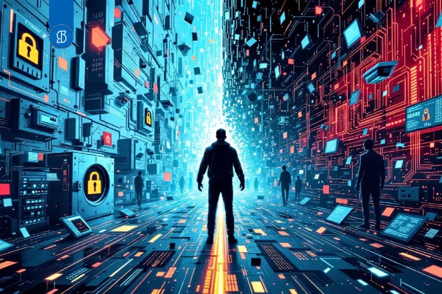 Ilustração de silhuetas caminhando por um corredor de circuitos luminosos, com cadeados e telas nas paredes