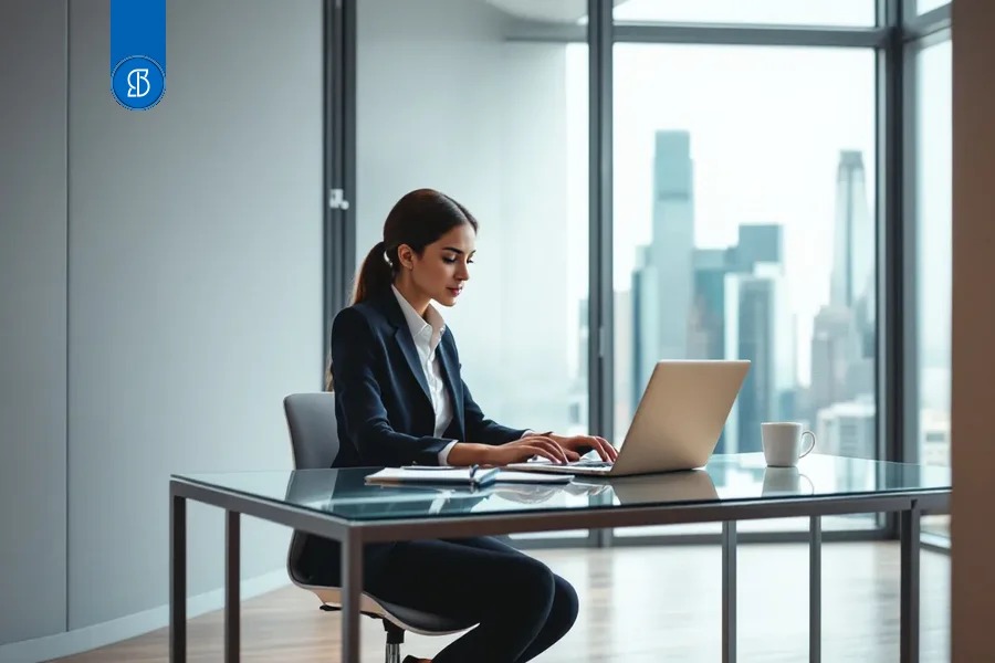 Mulher de terno trabalhando em notebook numa mesa de vidro, com janela e vista da cidade