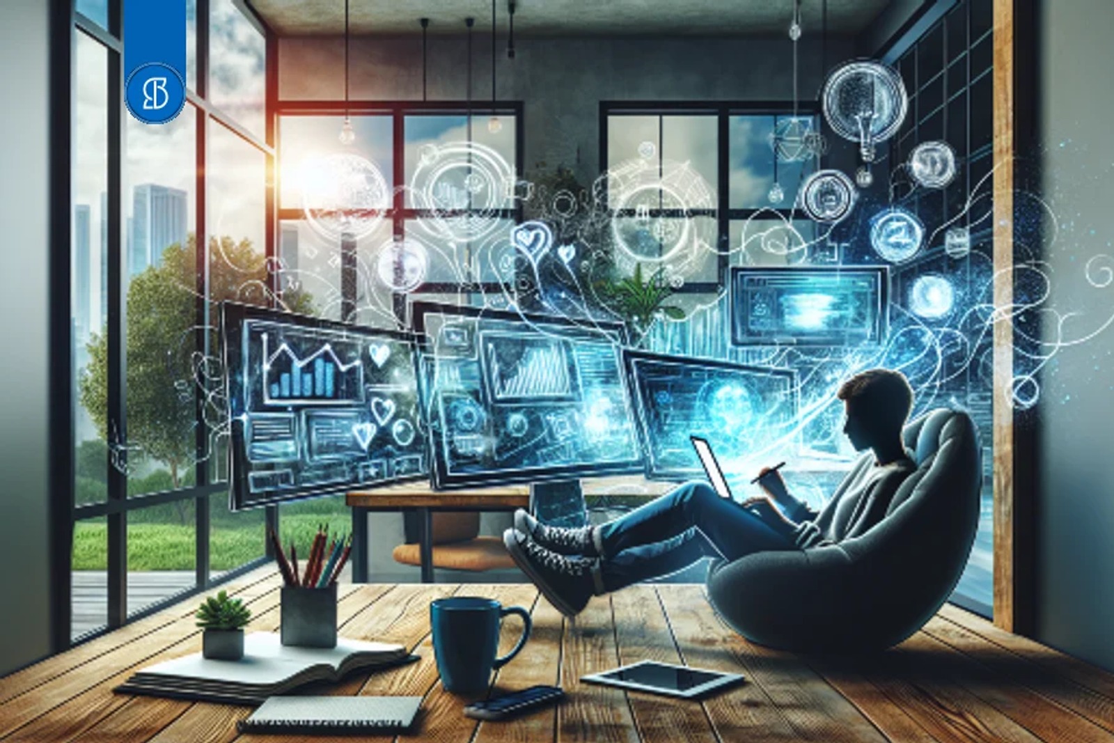 Ilustração de uma pessoa em poltrona com tablet, diante de três monitores com gráficos, em sala com janela ampla