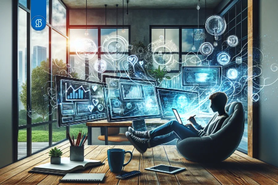 Ilustração de uma pessoa em poltrona com tablet, diante de três monitores com gráficos, em sala com janela ampla
