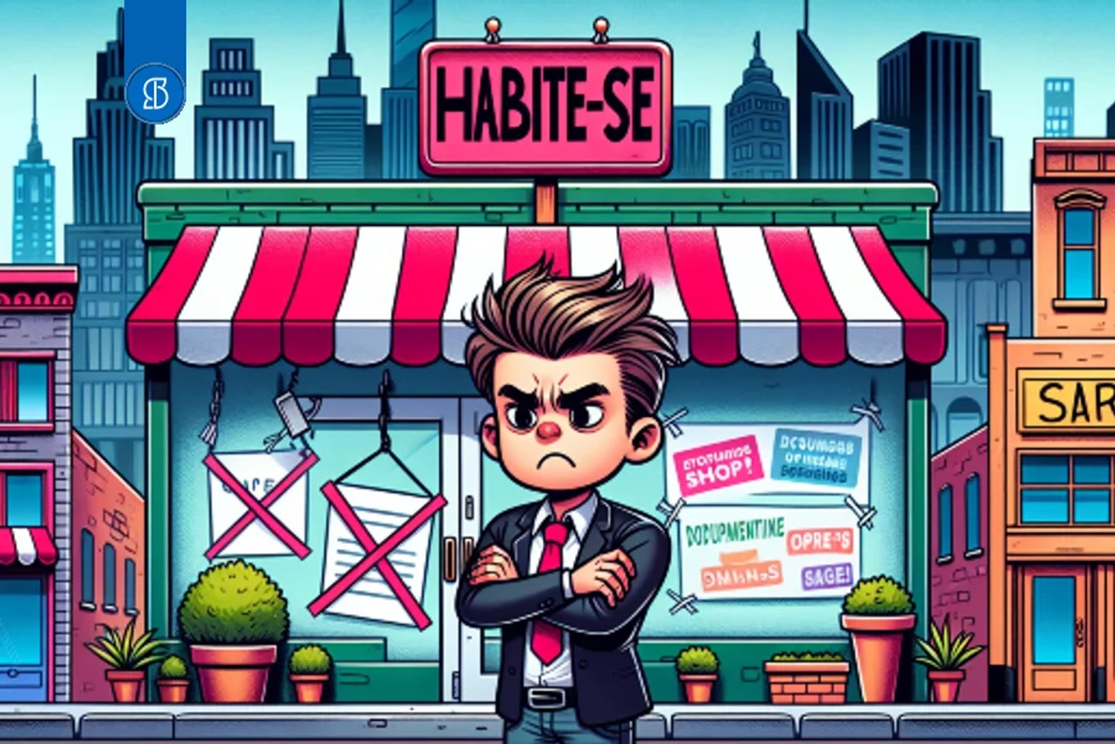 Ilustração de um homem de braços cruzados e expressão irritada diante de uma loja fechada com faixas em X