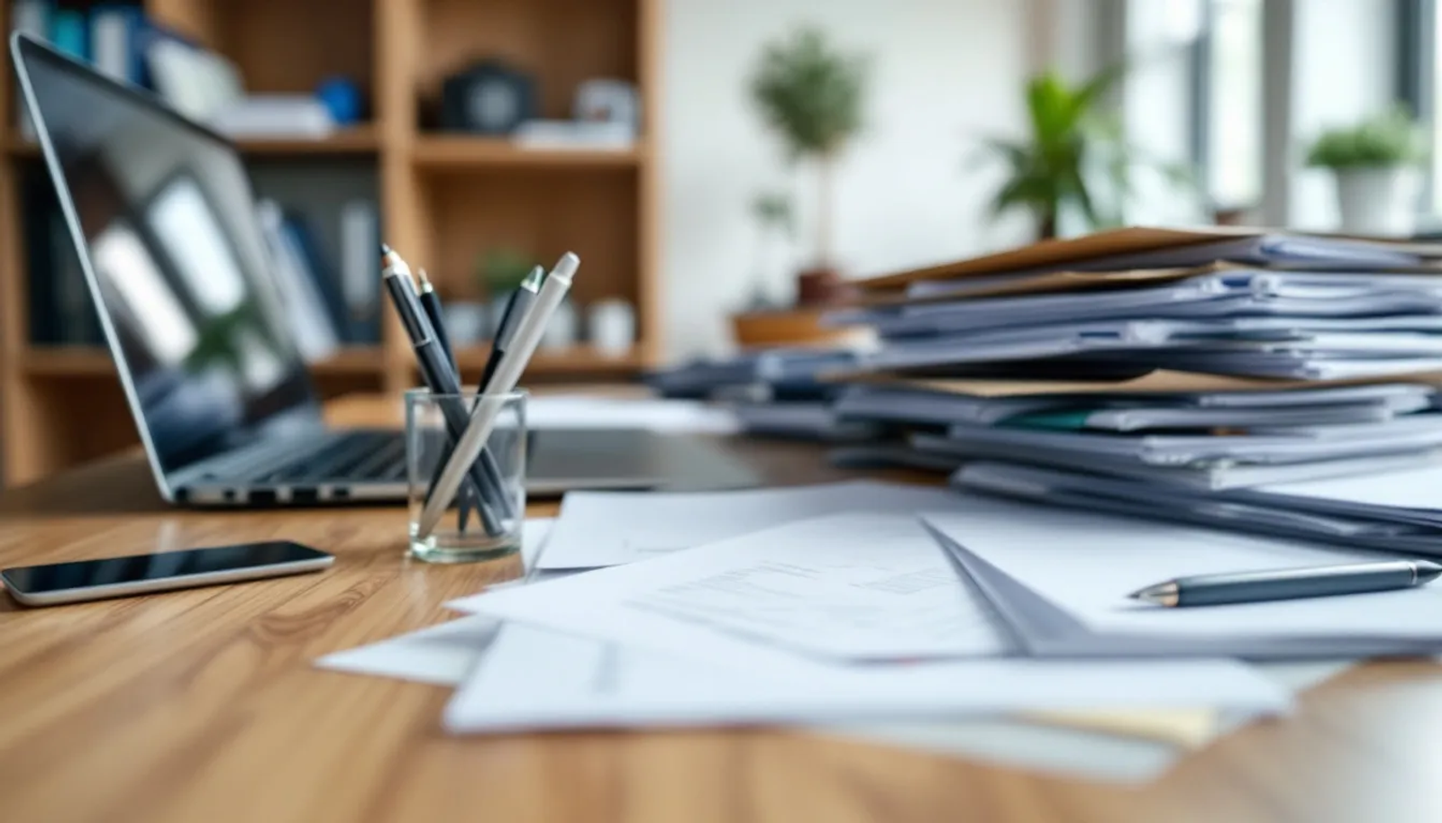 Uma mesa de escritório organizada apresenta diversos documentos empresariais, incluindo contratos sociais, notas fiscais e informações sobre endereço fiscal e comercial. Os papéis estão dispostos de forma a facilitar a consulta e a gestão da documentação necessária para a operação de uma empresa.