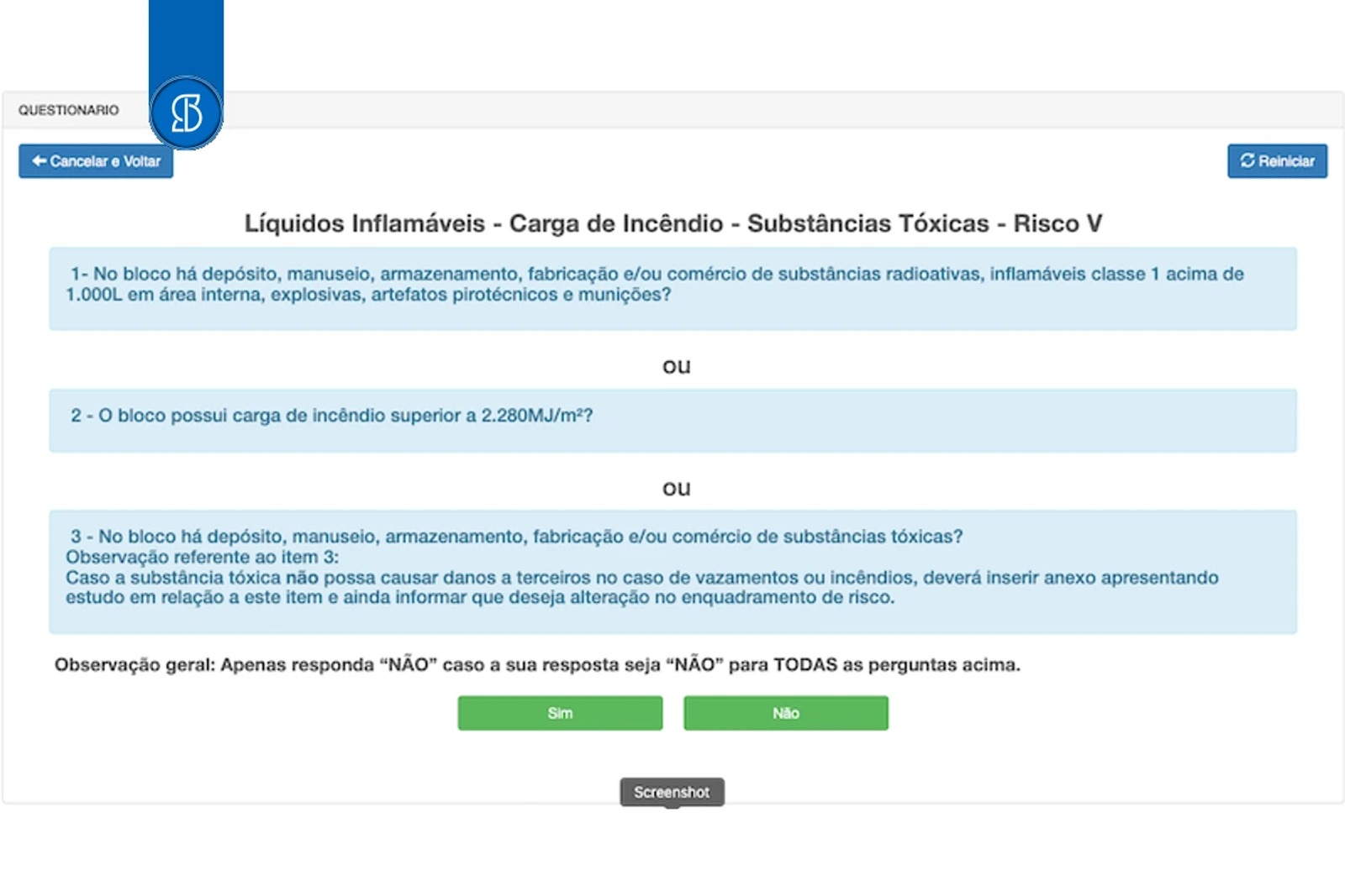 Questionário do e-SCI sobre líquidos inflamáveis, carga de incêndio e substâncias tóxicas, com os botões sim e não