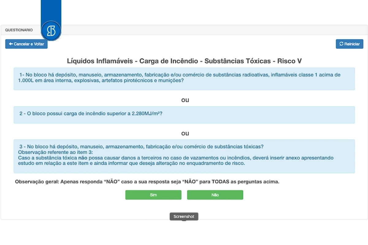 Questionário do e-SCI sobre líquidos inflamáveis, carga de incêndio e substâncias tóxicas, com os botões sim e não