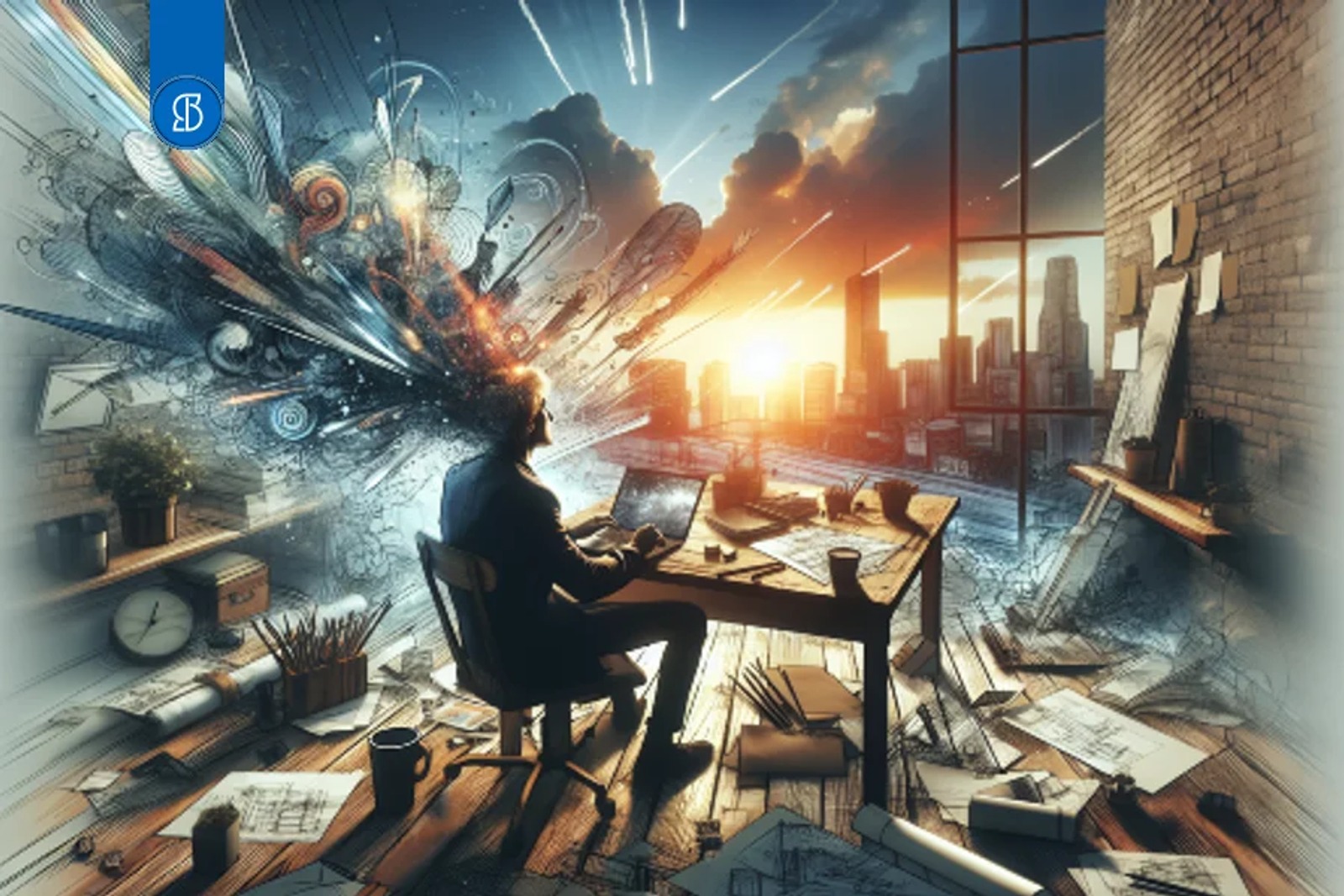 Ilustração de uma pessoa trabalhando em notebook à mesa, com formas e ideias explodindo da cabeça, diante da cidade ao pôr do sol