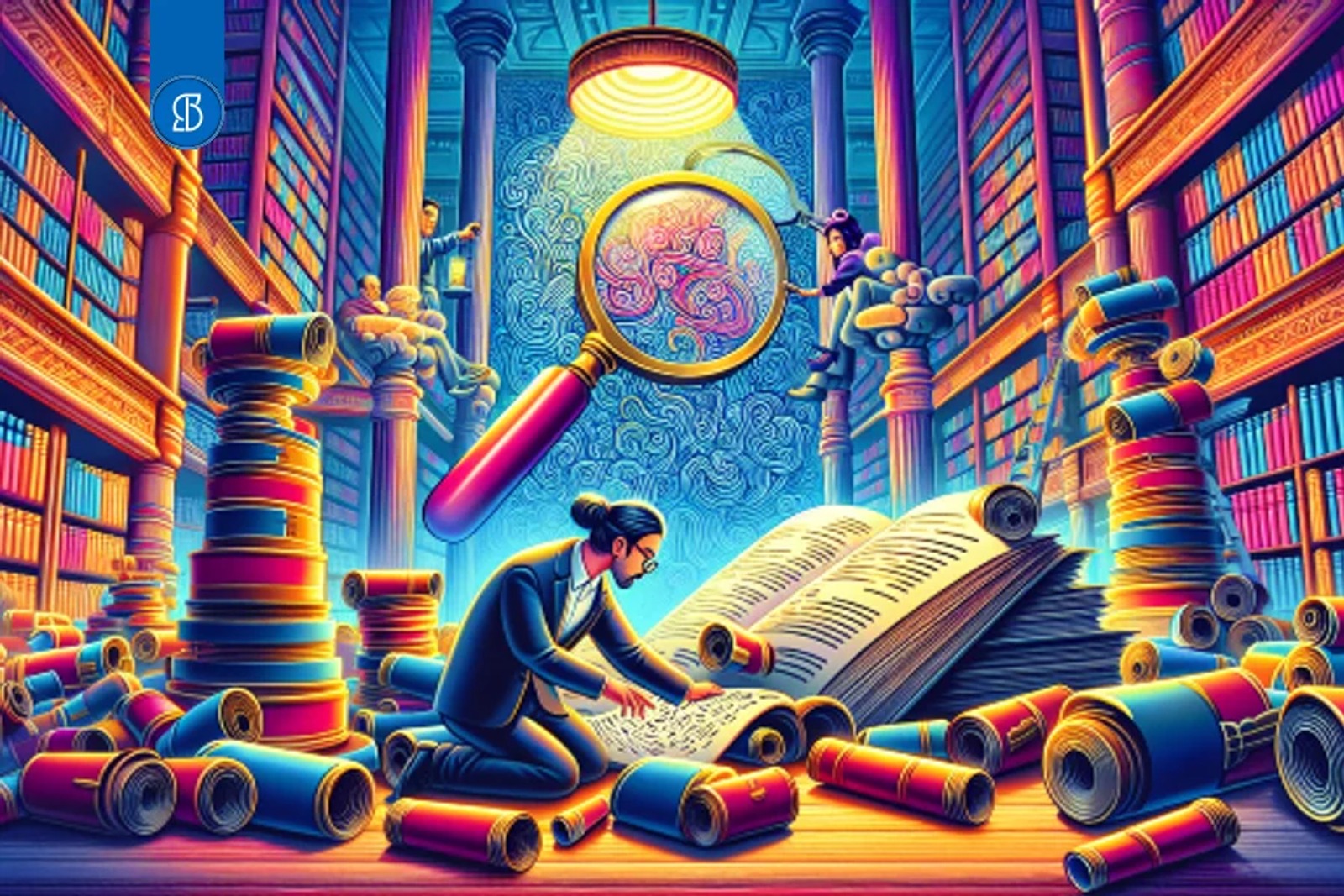 Ilustração colorida de uma pessoa examinando volumes abertos numa biblioteca, sob uma grande lupa suspensa